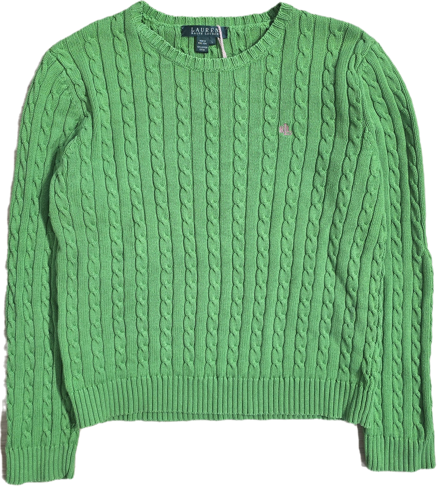 Pull col rond en maille torsadée vert - L