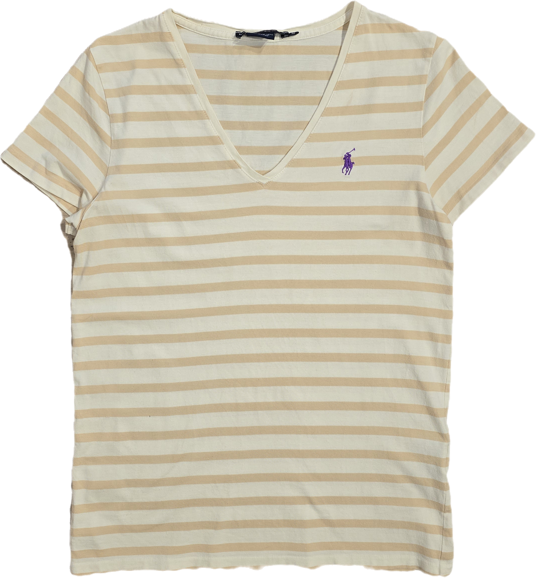 Tee-shirt col V en coton beige à rayures - S/M