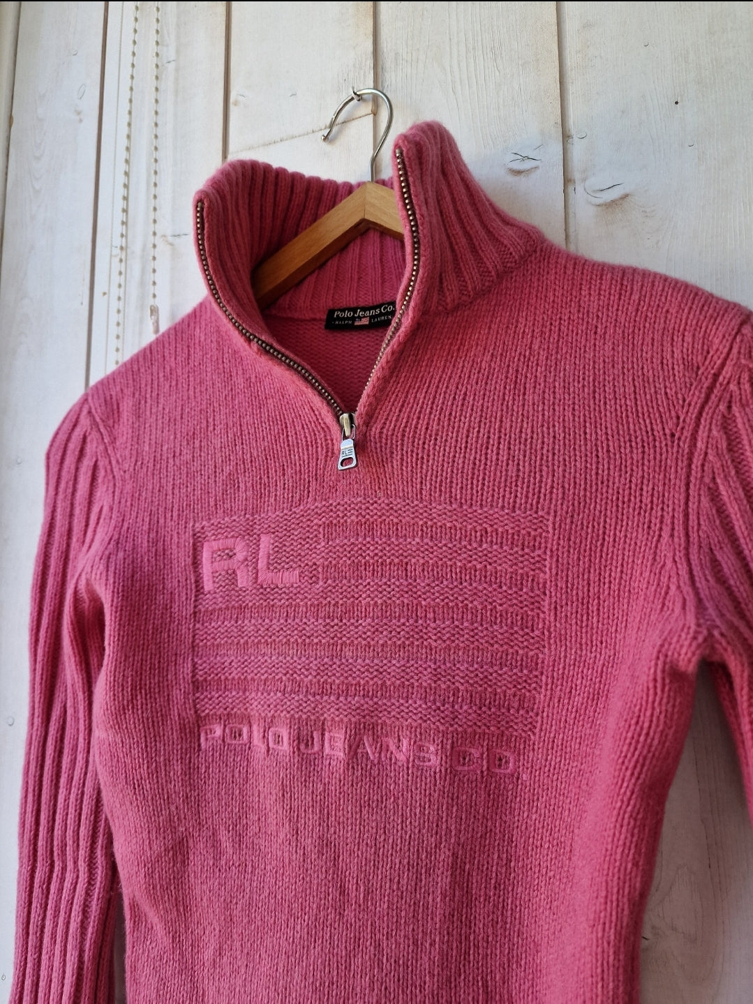 Pull camionneur en laine rose american flag (moulant) - XS/34
