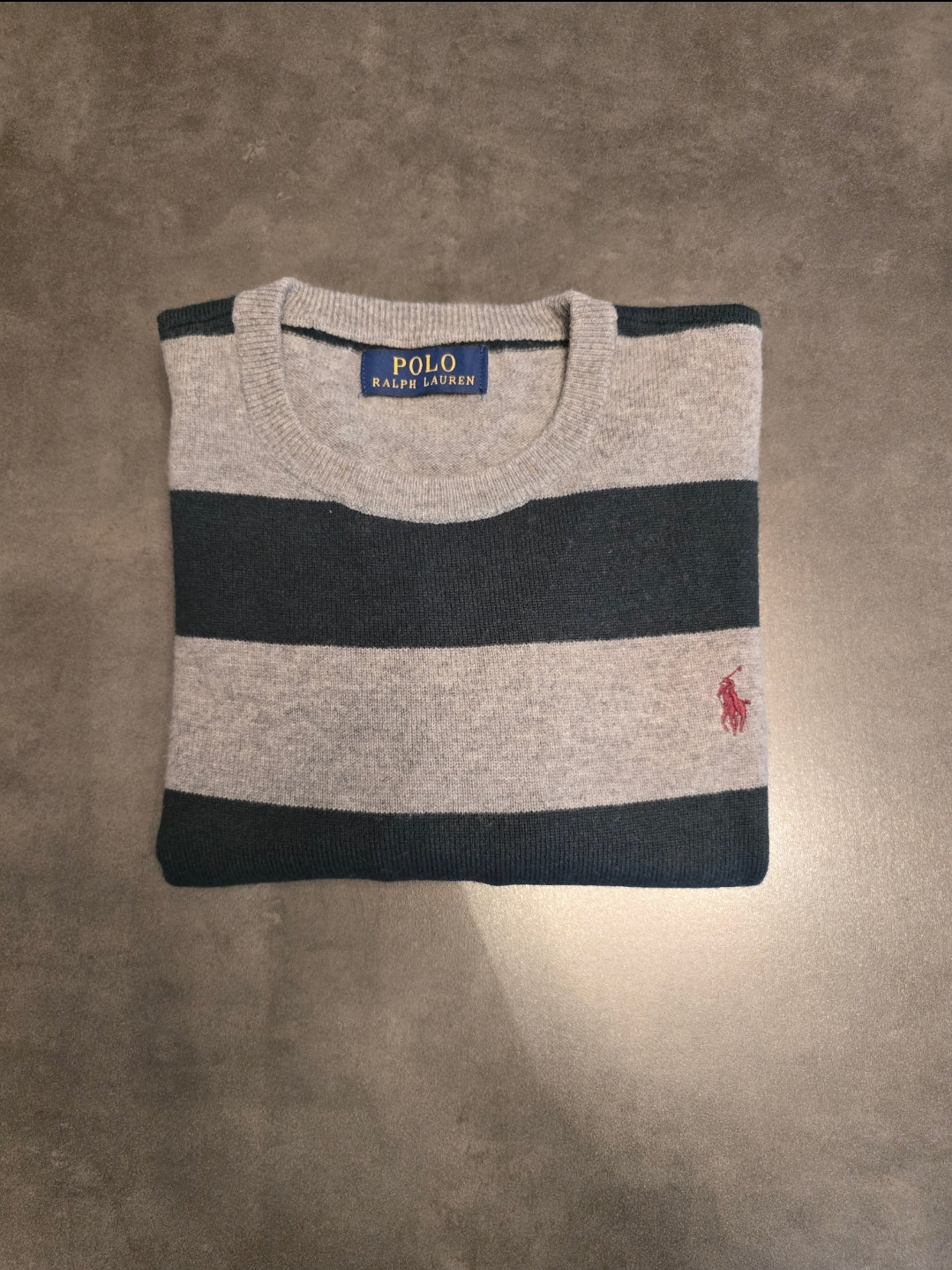 Pull col rond en laine vert et gris - S