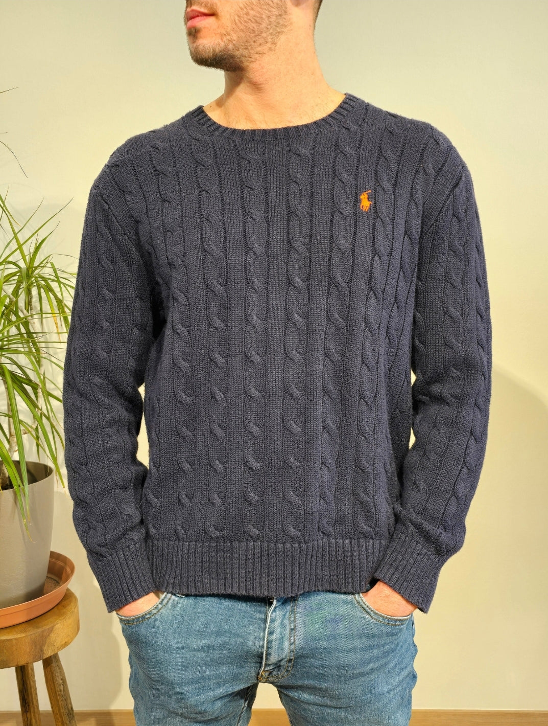 Pull en maille torsadée bleu marine - L