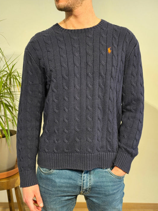 Pull en maille torsadée bleu marine - L