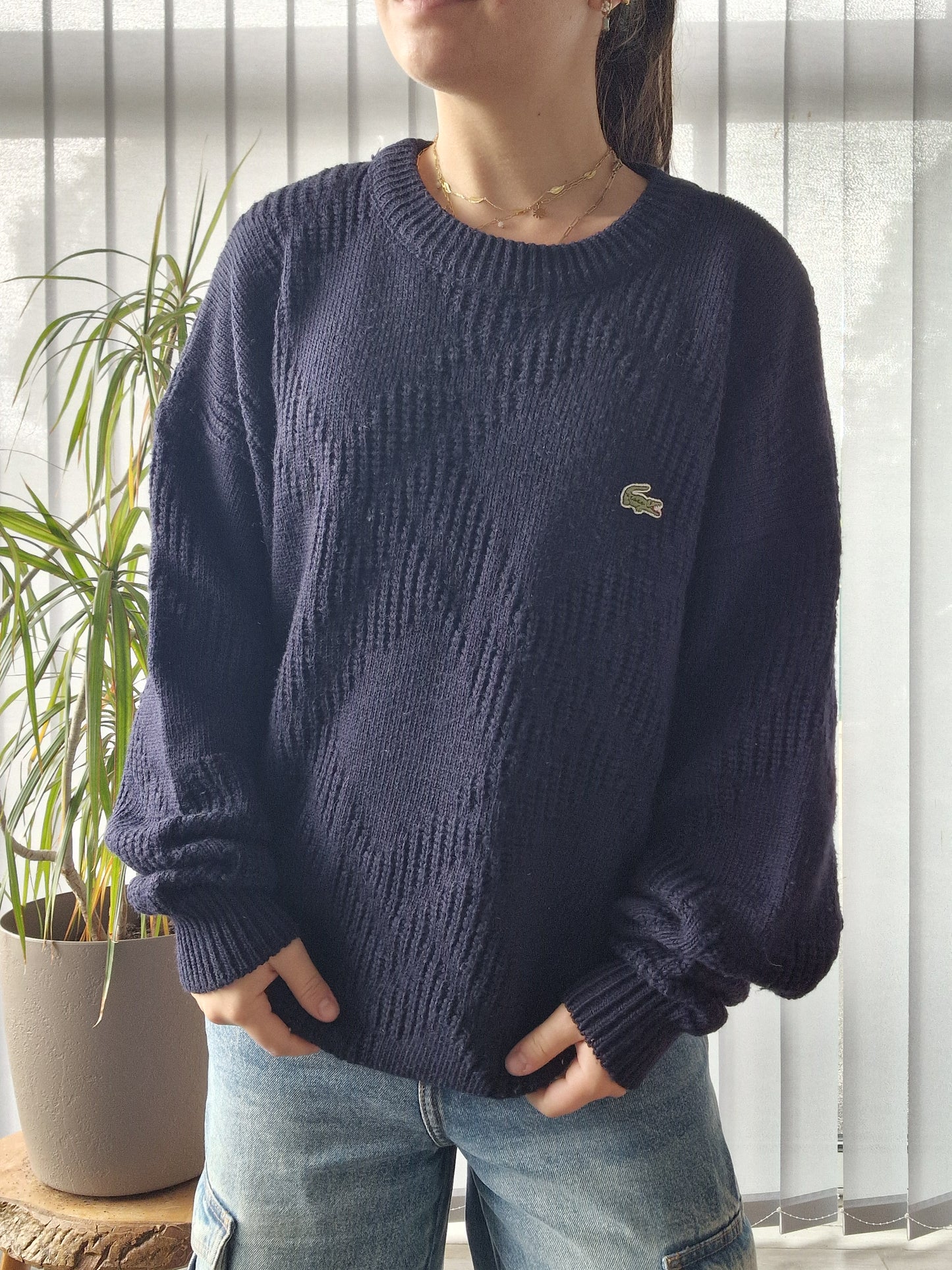 Pull en grosse maille marine des années 80' fabriqué en France - XL/42