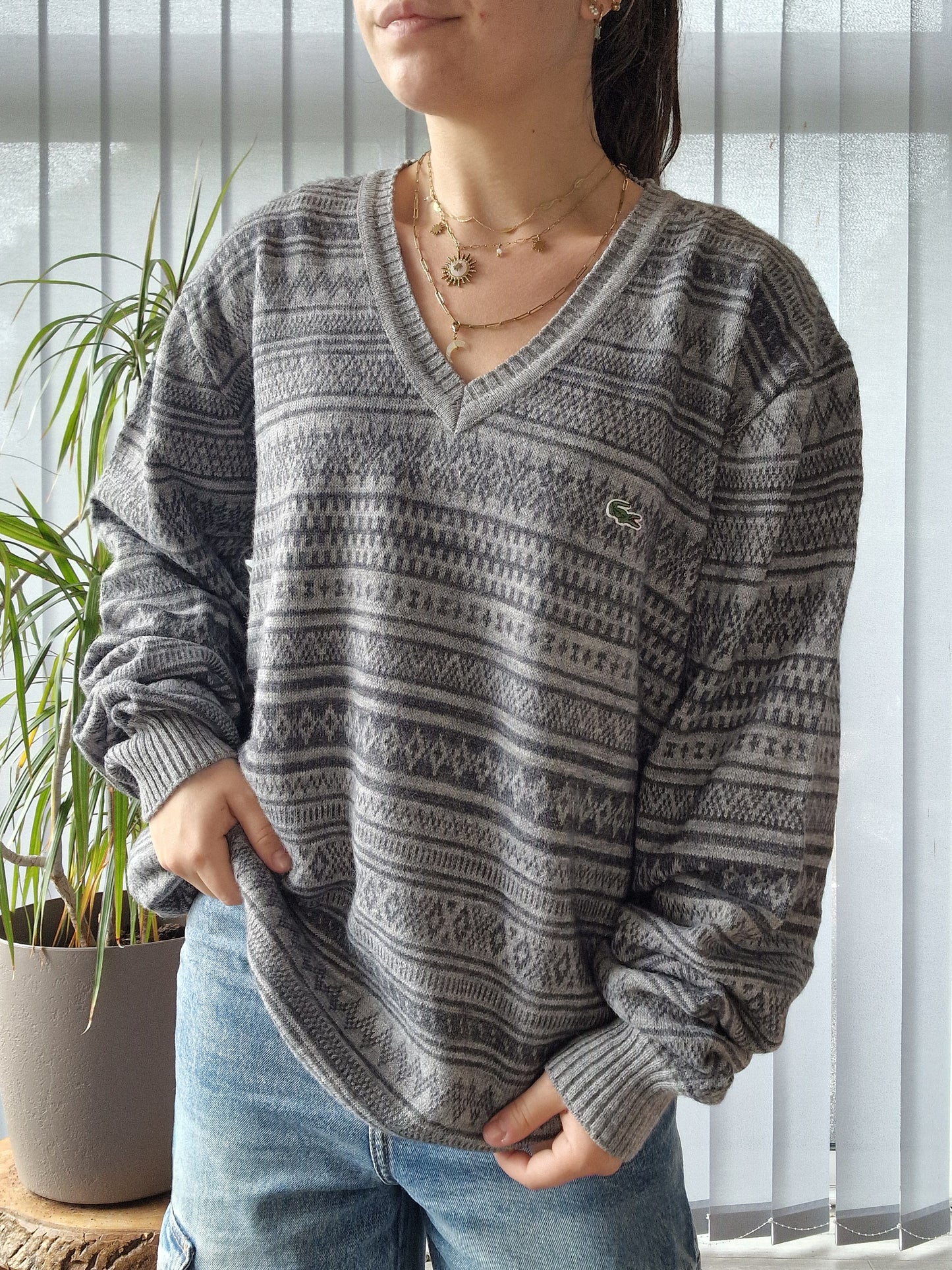 Pull col V gris à motifs vintages des années 90' - XL/42