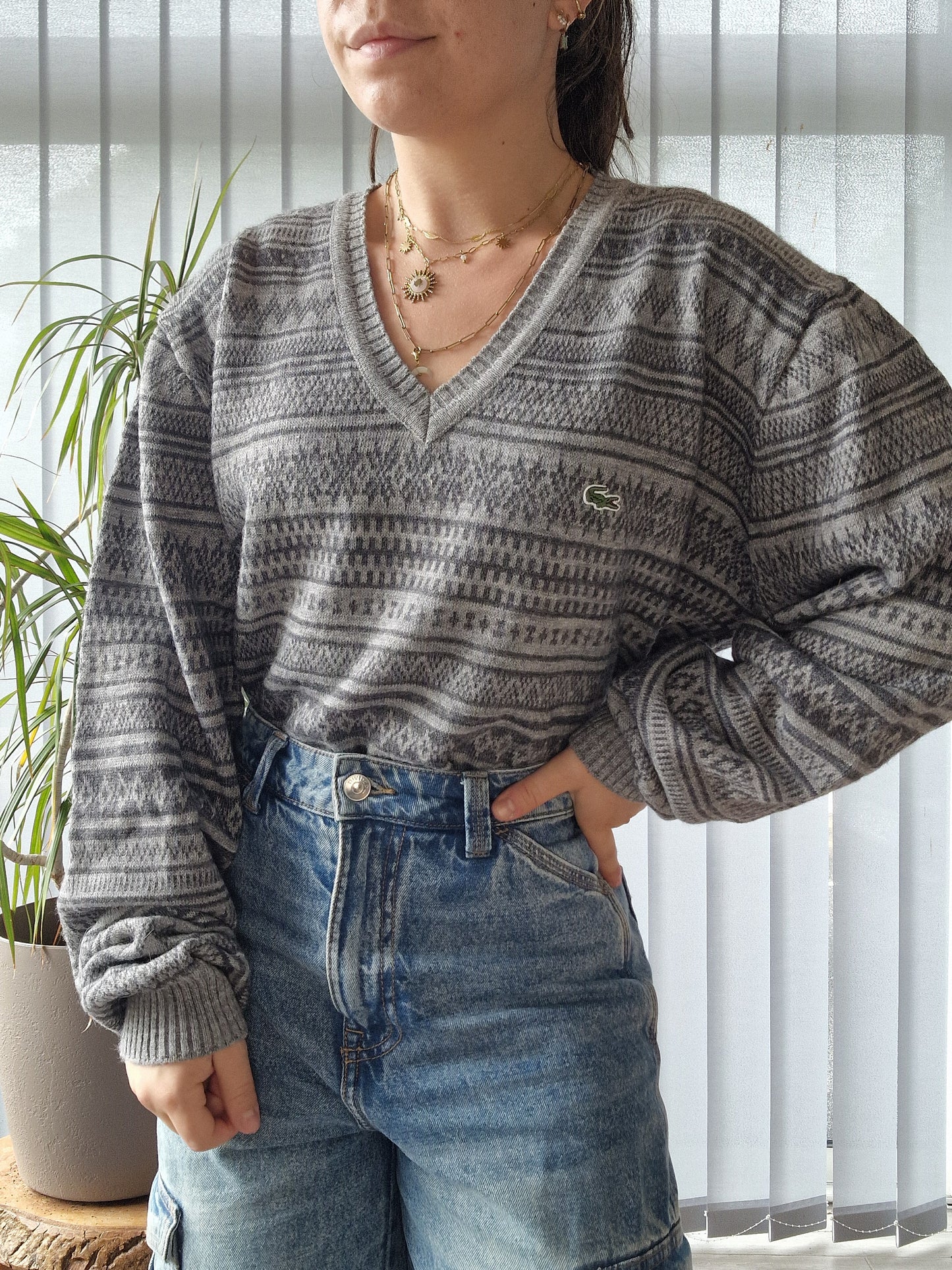 Pull col V gris à motifs vintages des années 90' - XL/42