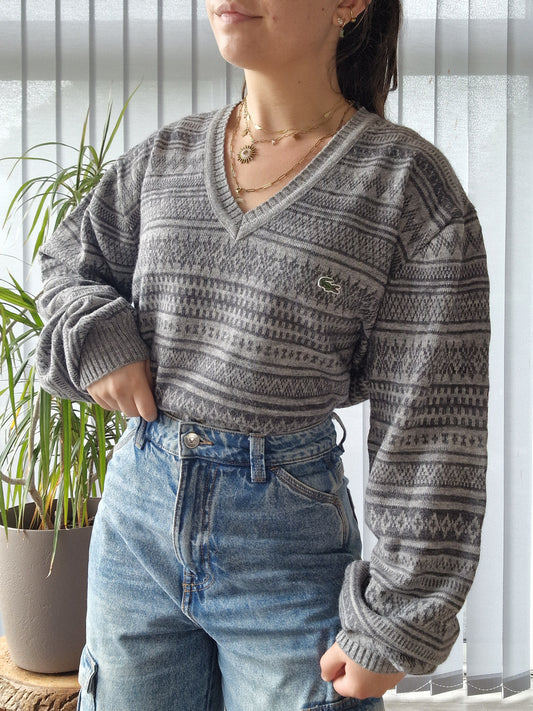 Pull col V gris à motifs vintages des années 90' - XL/42