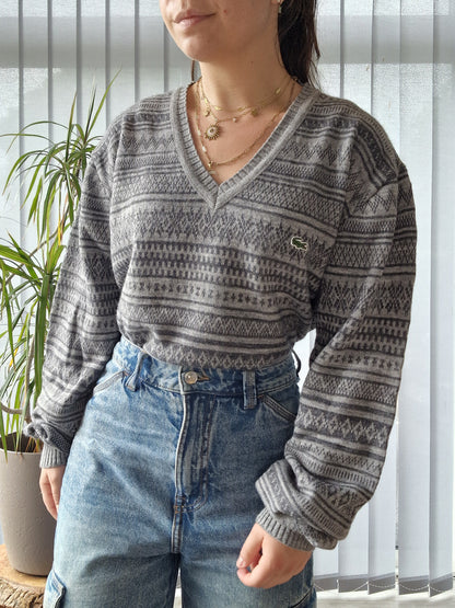 Pull col V gris à motifs vintages des années 90' - XL/42