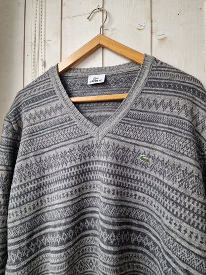 Pull col V gris à motifs vintages des années 90' - XL/42