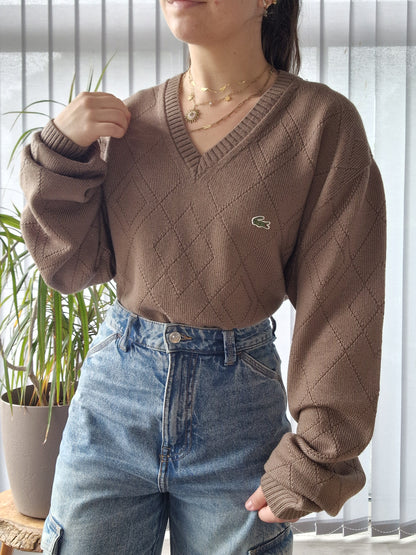 Pull col V en maille marron des années 90' - XL/42