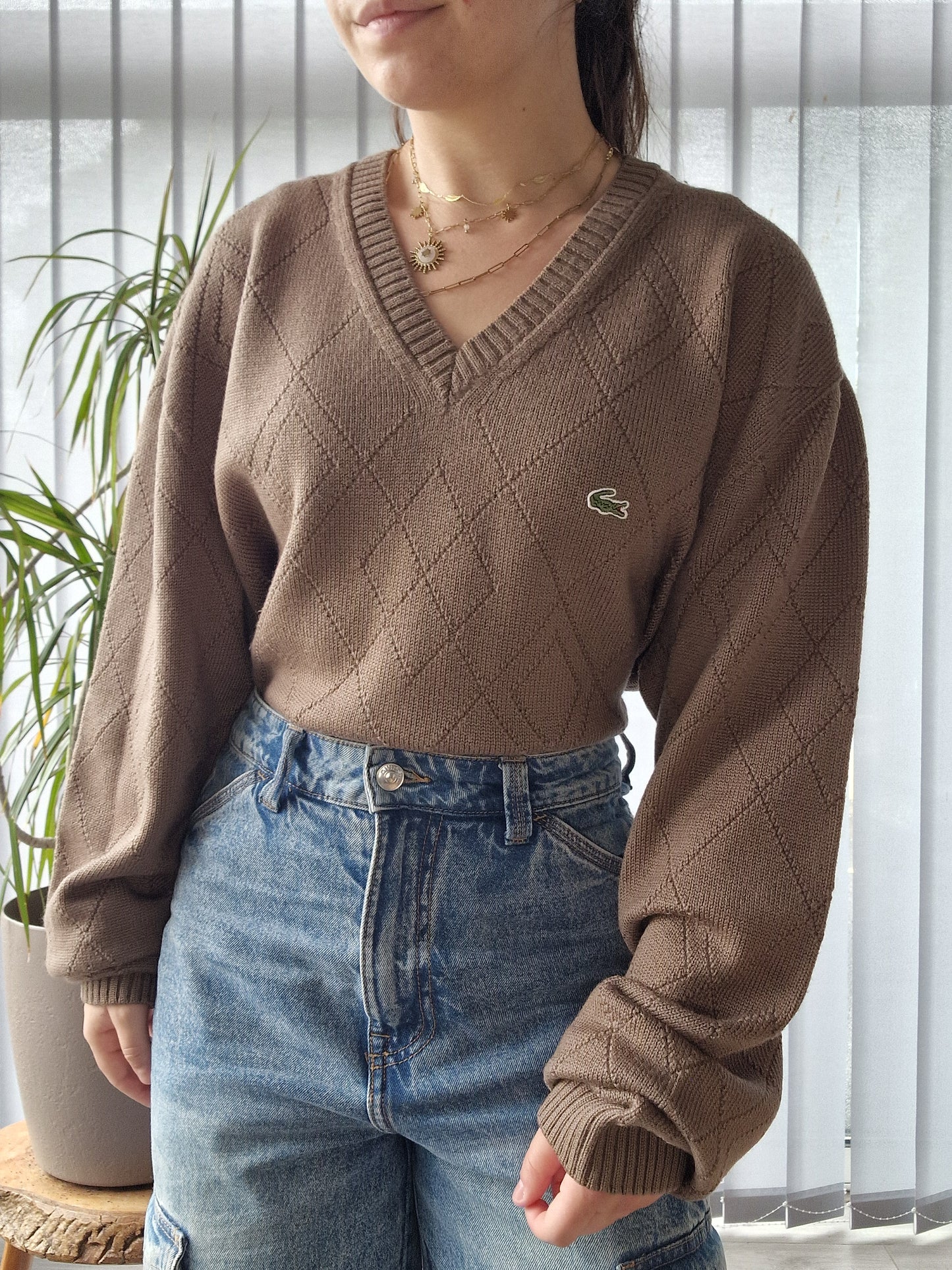 Pull col V en maille marron des années 90' - XL/42