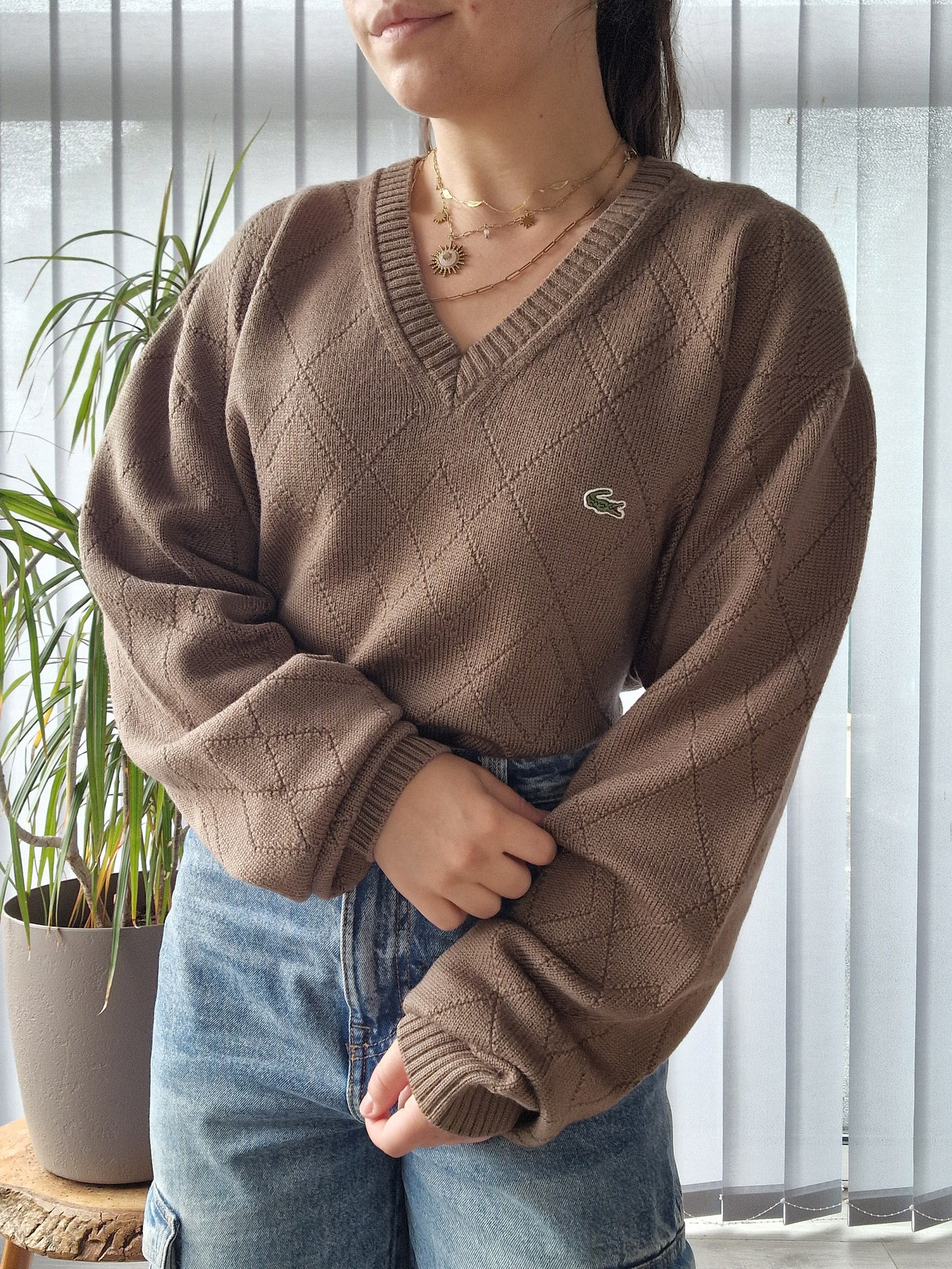 Pull col V en maille marron des années 90' - XL/42