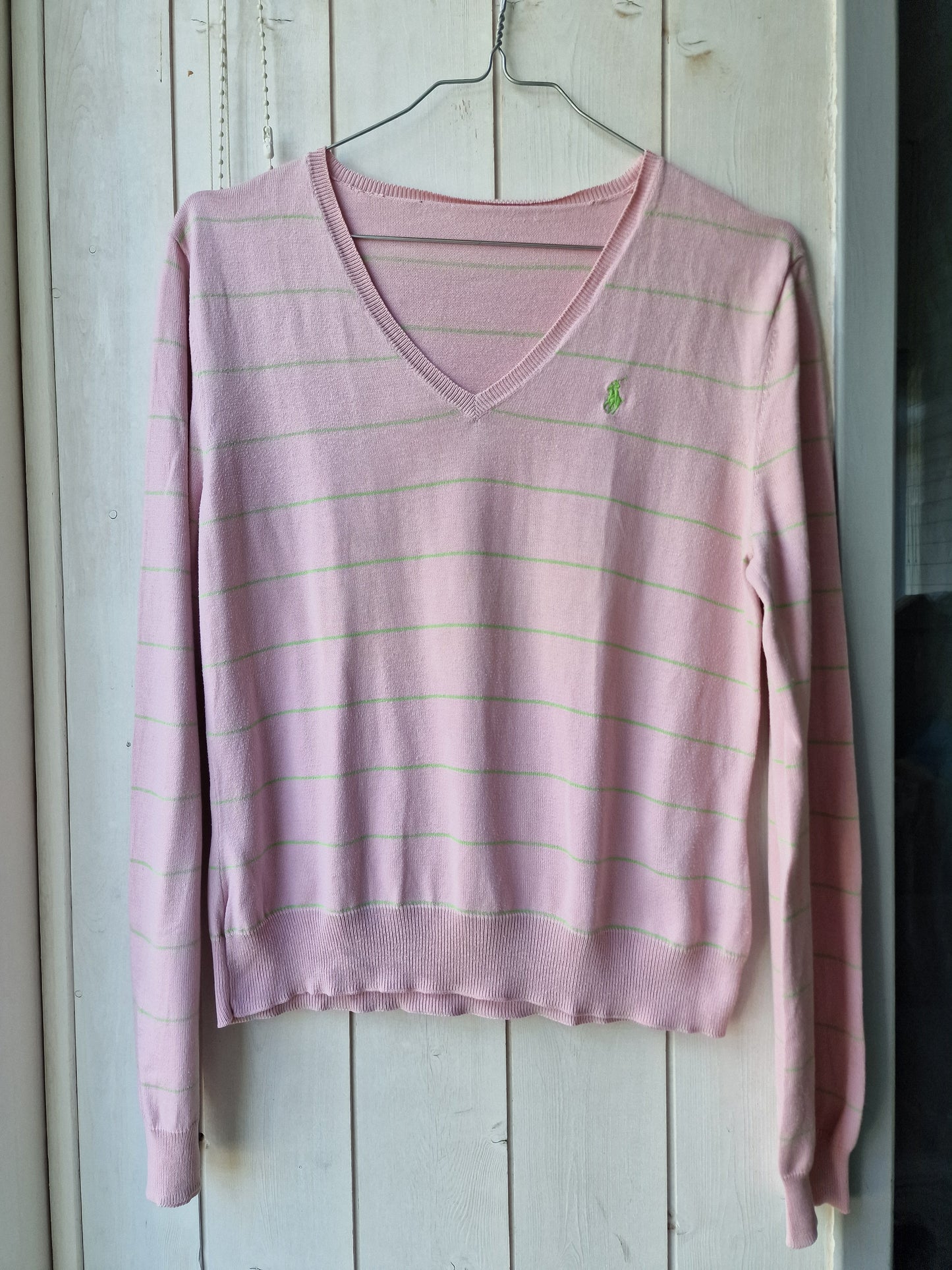 Pull fin col V rose à rayures Ralph Lauren - M/38