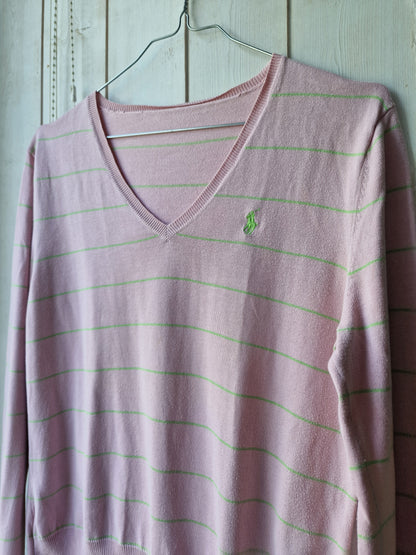 Pull fin col V rose à rayures Ralph Lauren - M/38