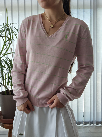 Pull fin col V rose à rayures Ralph Lauren - M/38