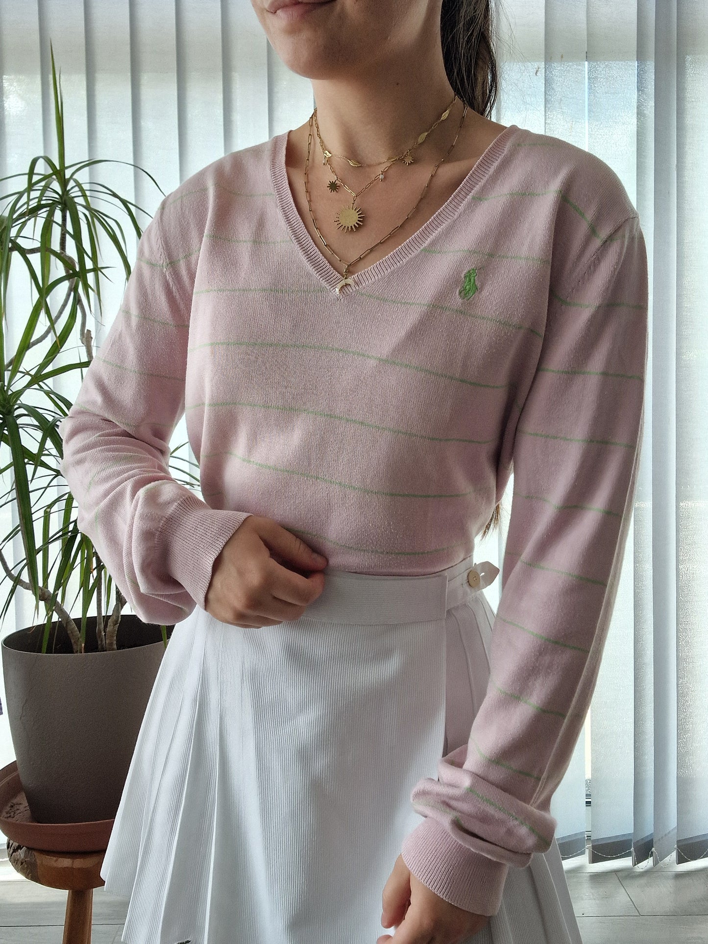 Pull fin col V rose à rayures Ralph Lauren - M/38