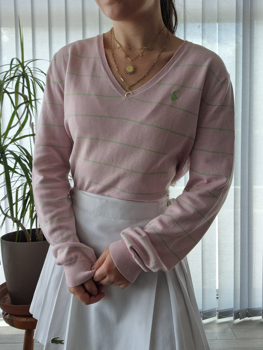 Pull fin col V rose à rayures Ralph Lauren - M/38