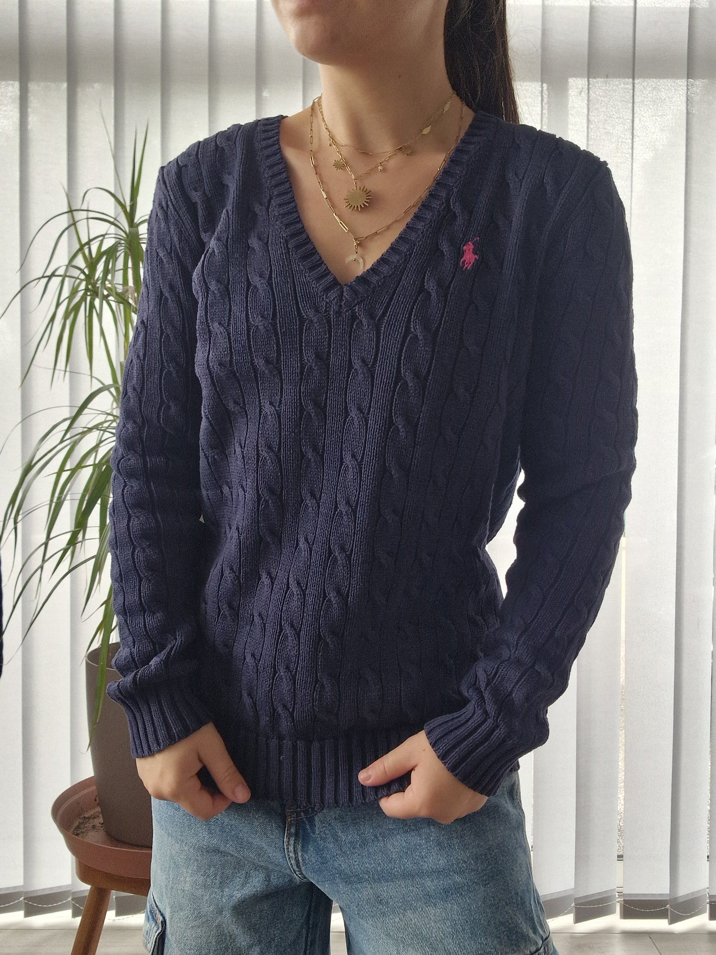 Pull col V en maille torsadée marine - M/38