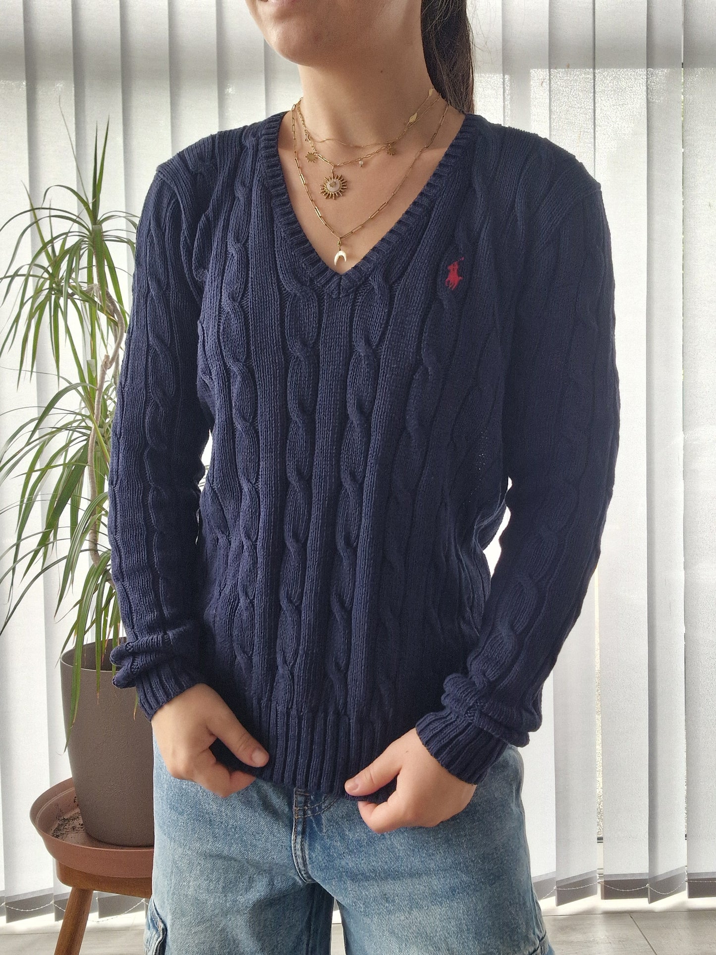 Pull col V en maille torsadée marine - M/38