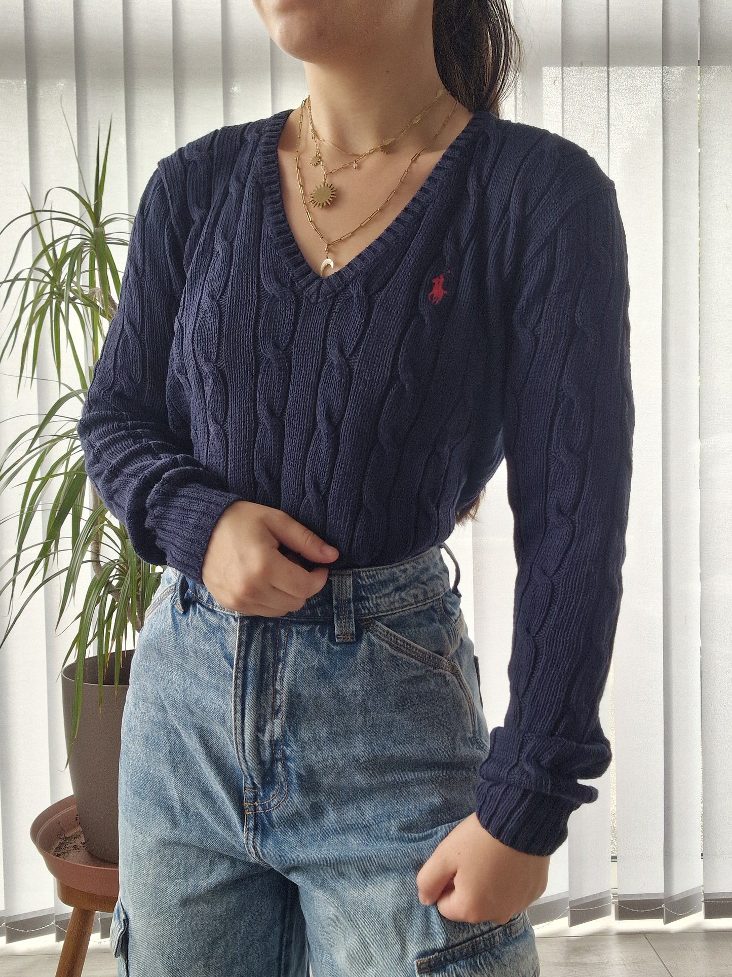 Pull col V en maille torsadée marine - M/38