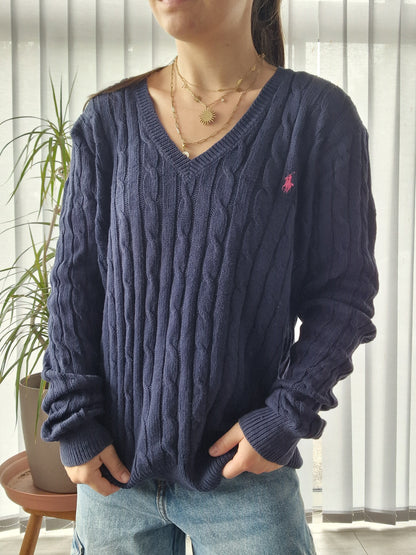 Pull col V en maille torsadée marine - XL/42