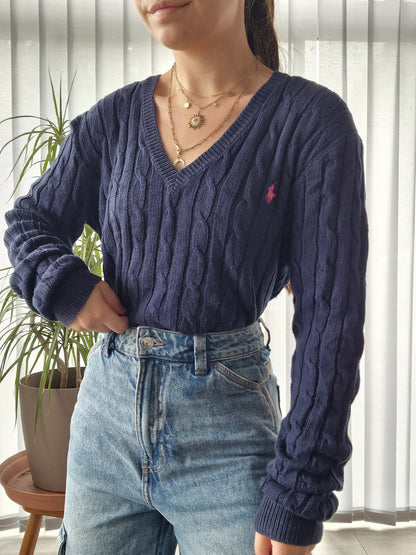 Pull col V en maille torsadée marine - XL/42