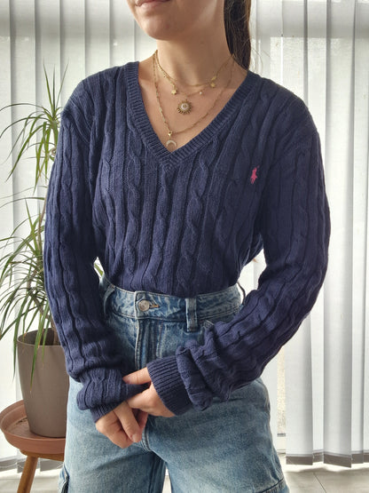 Pull col V en maille torsadée marine - XL/42