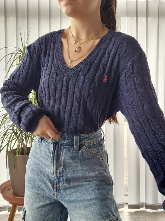 Pull col V en maille torsadée marine - XL/42