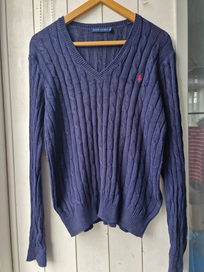 Pull col V en maille torsadée marine - XL/42