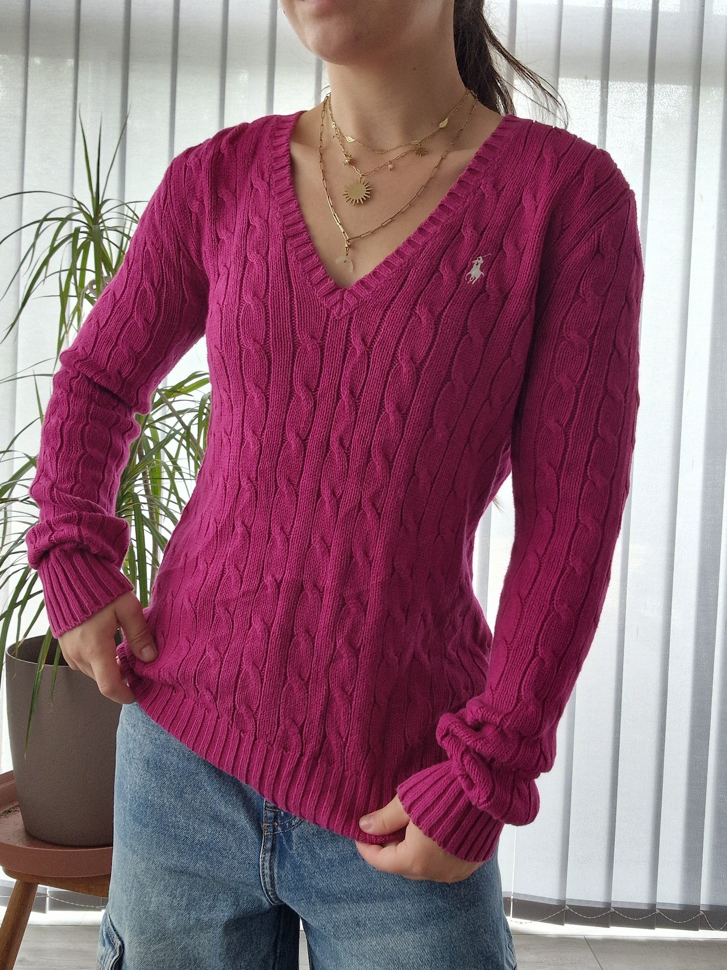 Pull col V en maille torsadée rose fushia - M/38