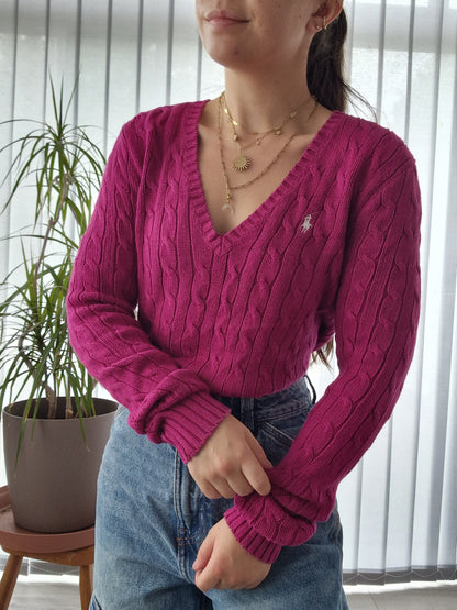 Pull col V en maille torsadée rose fushia - M/38