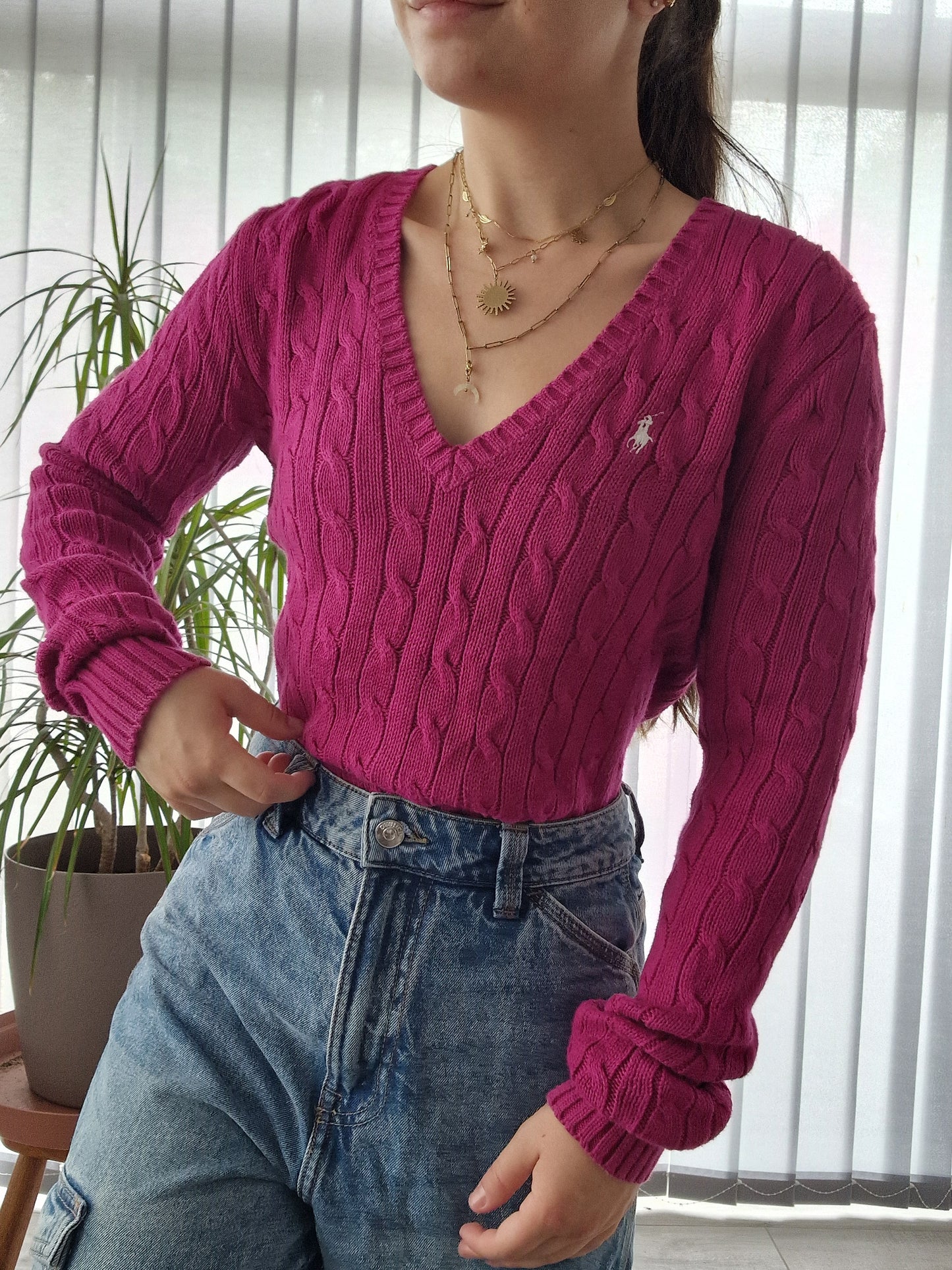 Pull col V en maille torsadée rose fushia - M/38