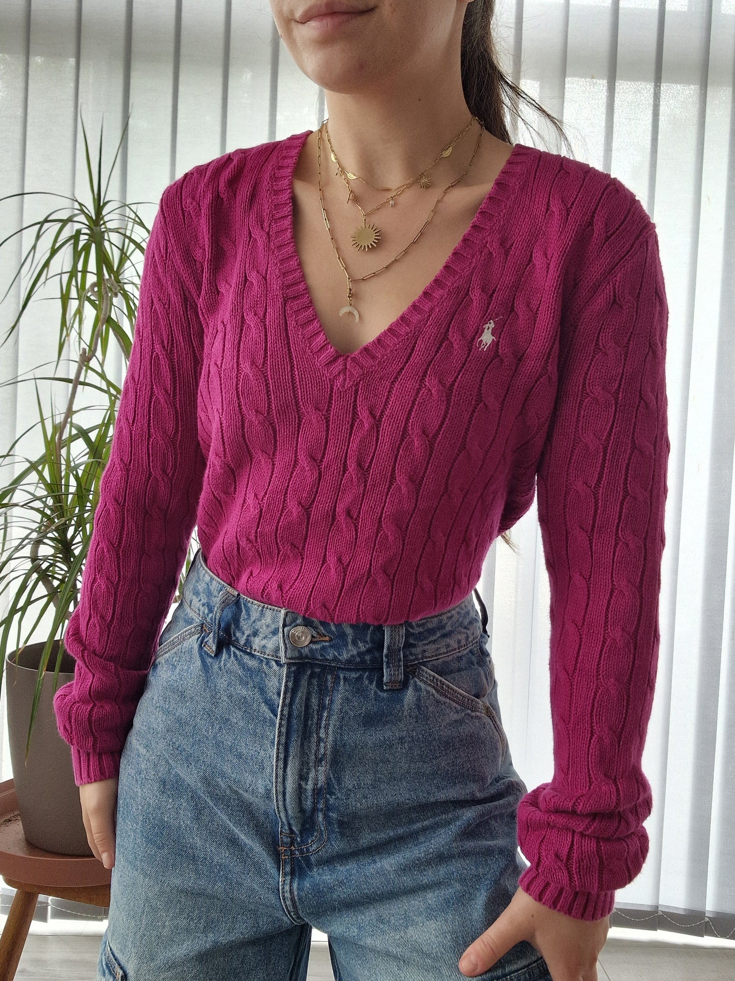 Pull col V en maille torsadée rose fushia - M/38