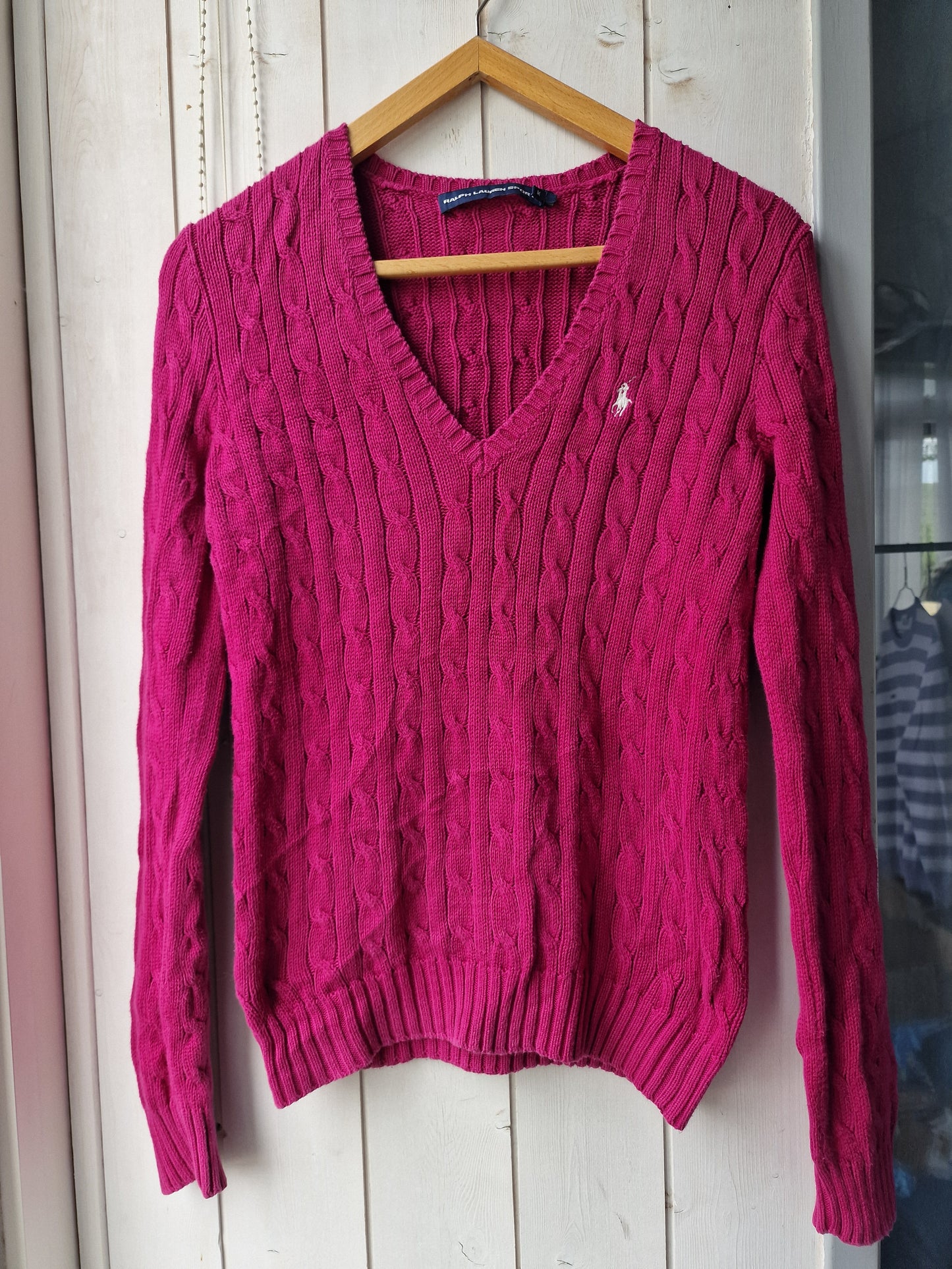 Pull col V en maille torsadée rose fushia - M/38