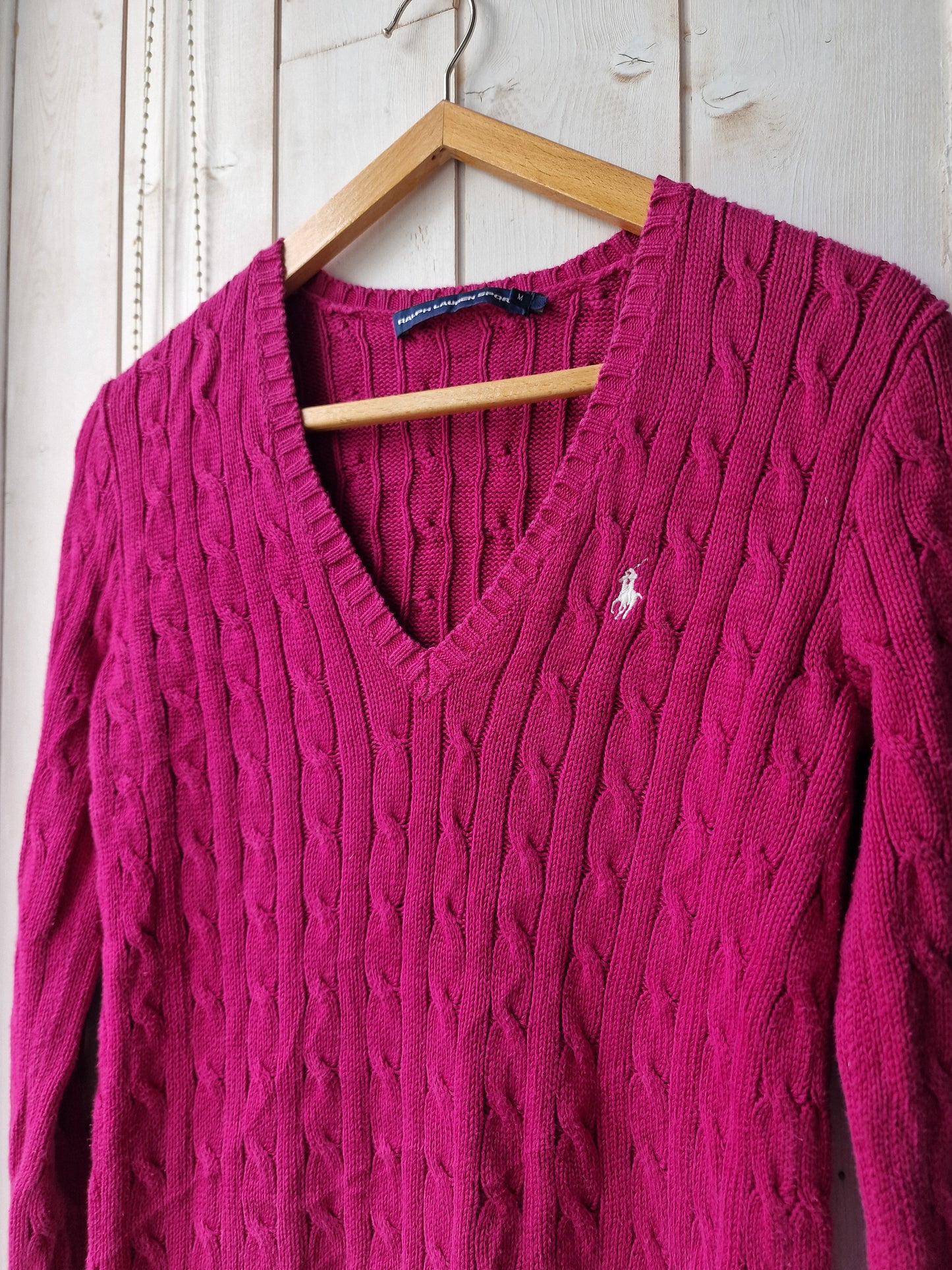 Pull col V en maille torsadée rose fushia - M/38