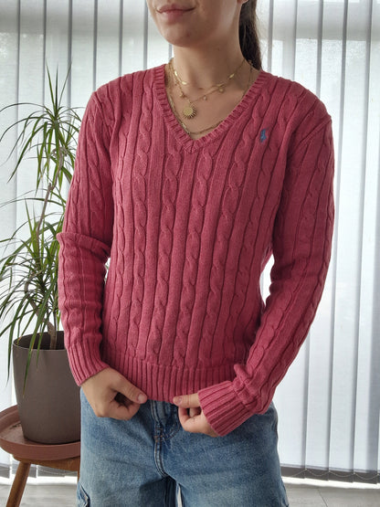 Pull col V en maille torsadée rose - S/36