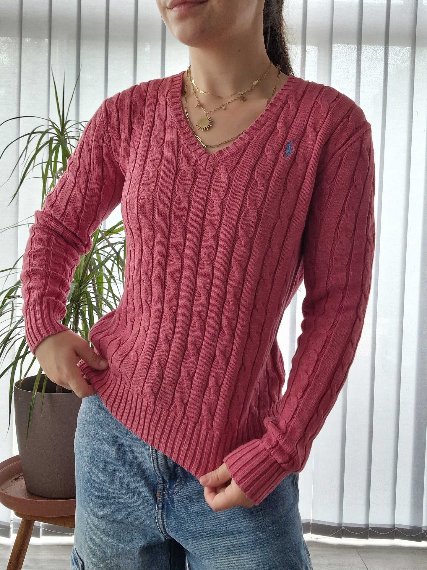 Pull col V en maille torsadée rose - S/36