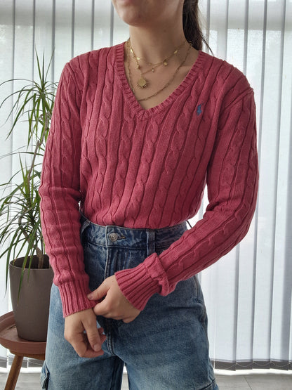 Pull col V en maille torsadée rose - S/36