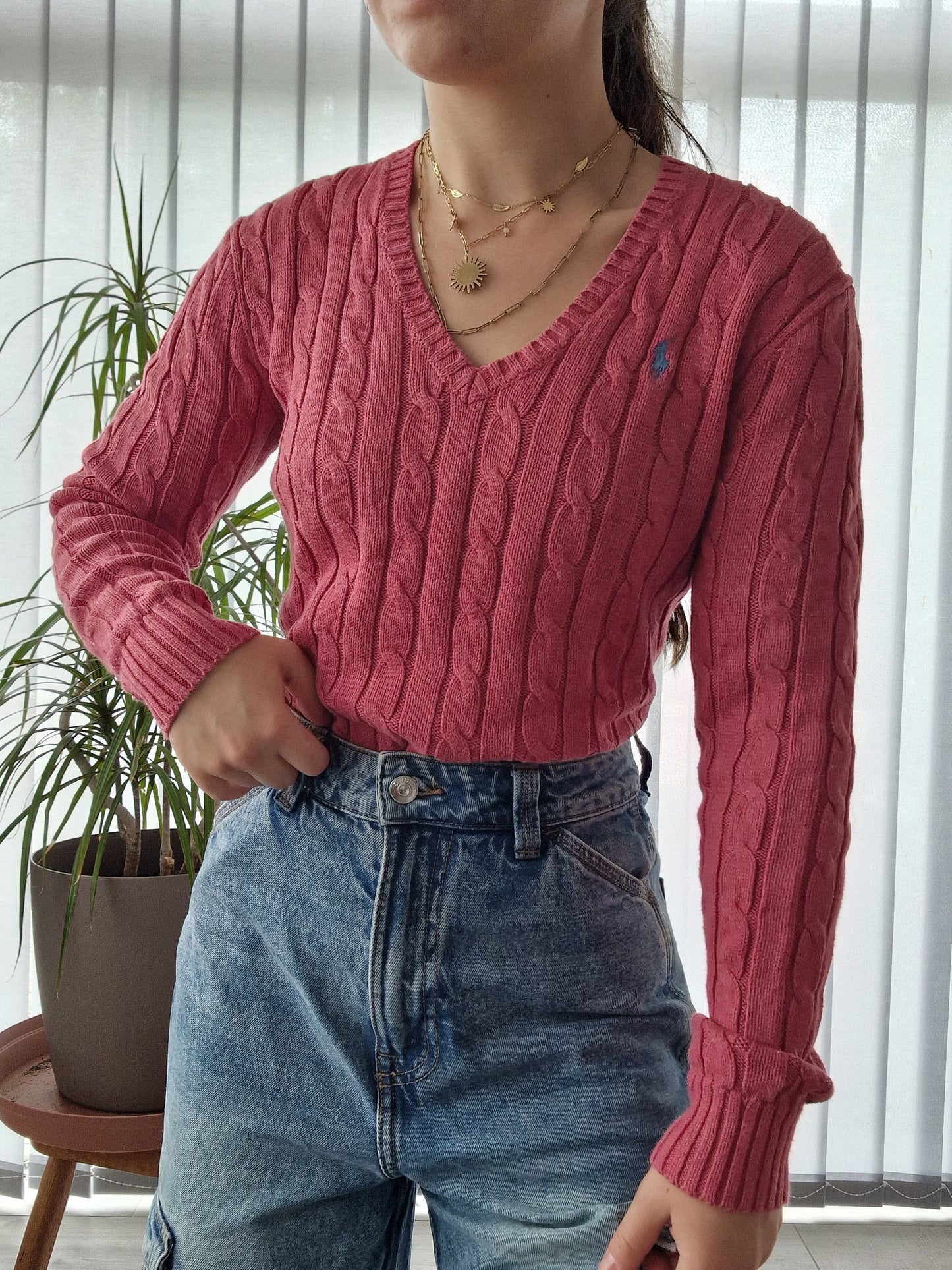 Pull col V en maille torsadée rose - S/36