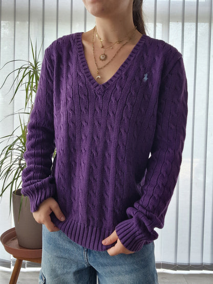 Pull col V en maille torsadée violet - XL/42