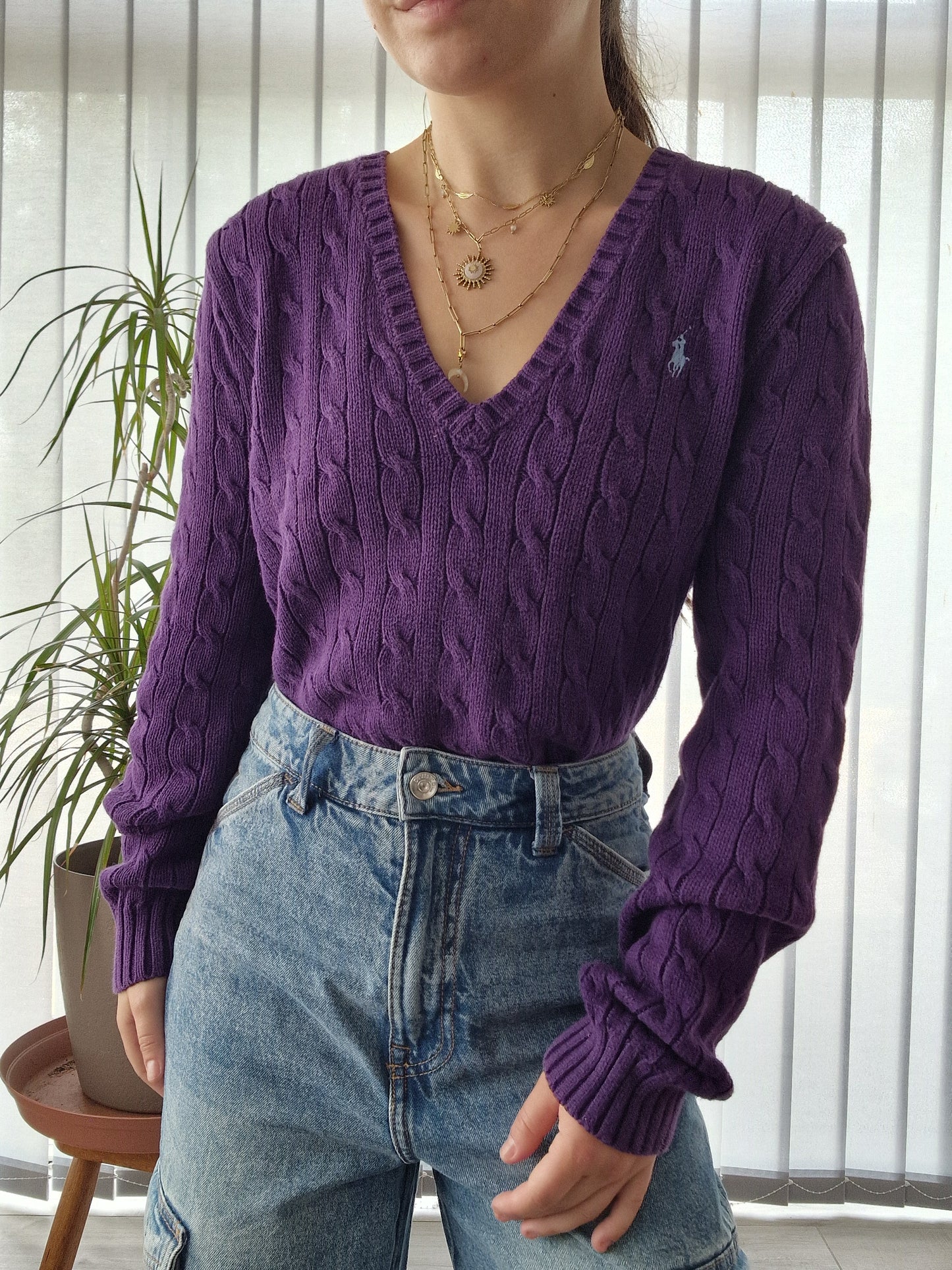 Pull col V en maille torsadée violet - XL/42