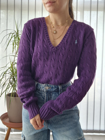 Pull col V en maille torsadée violet - XL/42