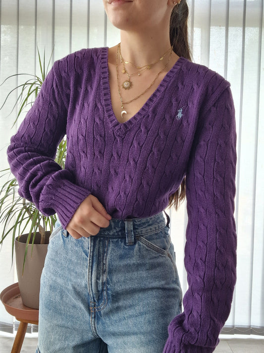 Pull col V en maille torsadée violet - XL/42