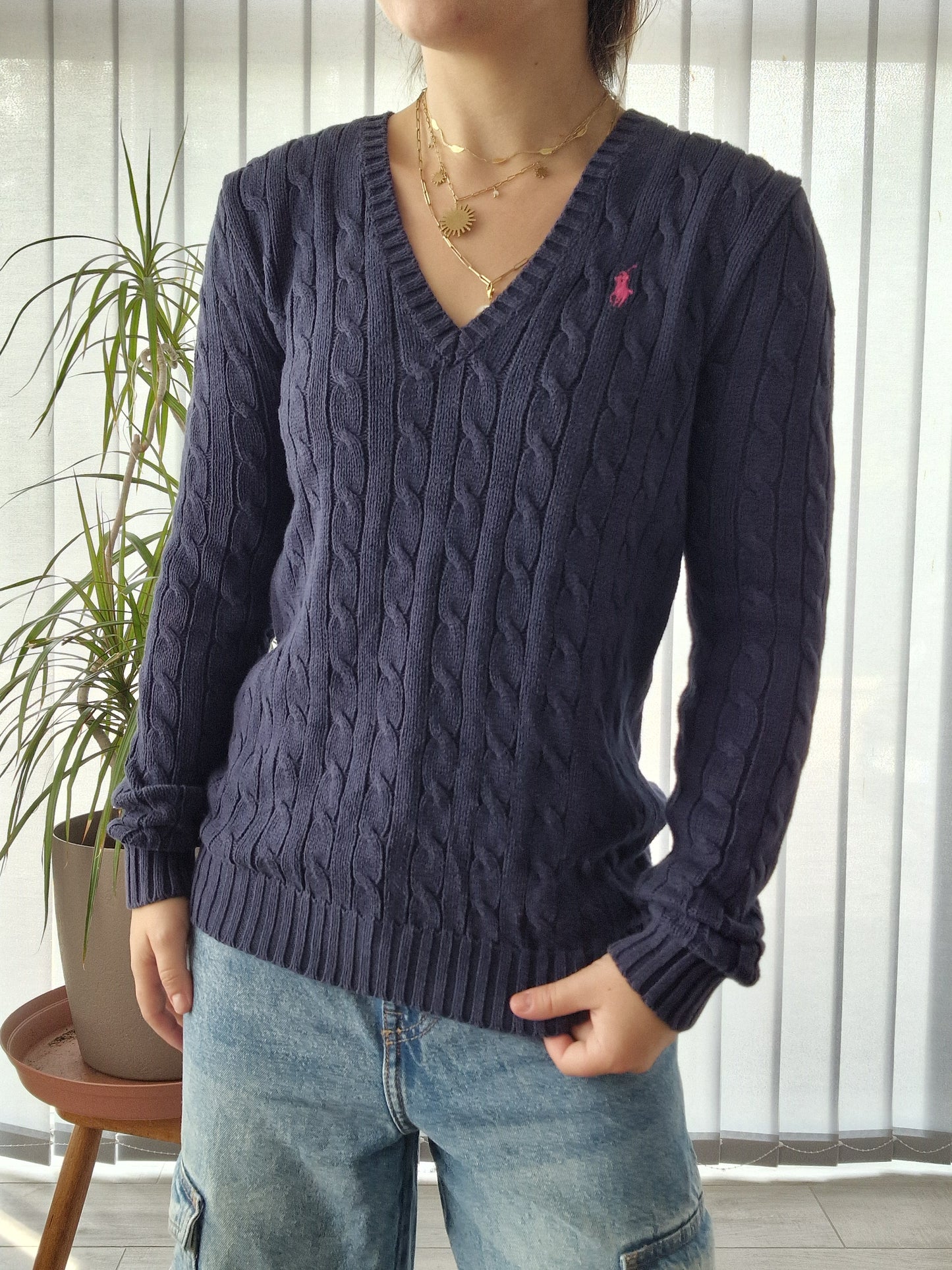 Pull col V en maille torsadée marine - S/36