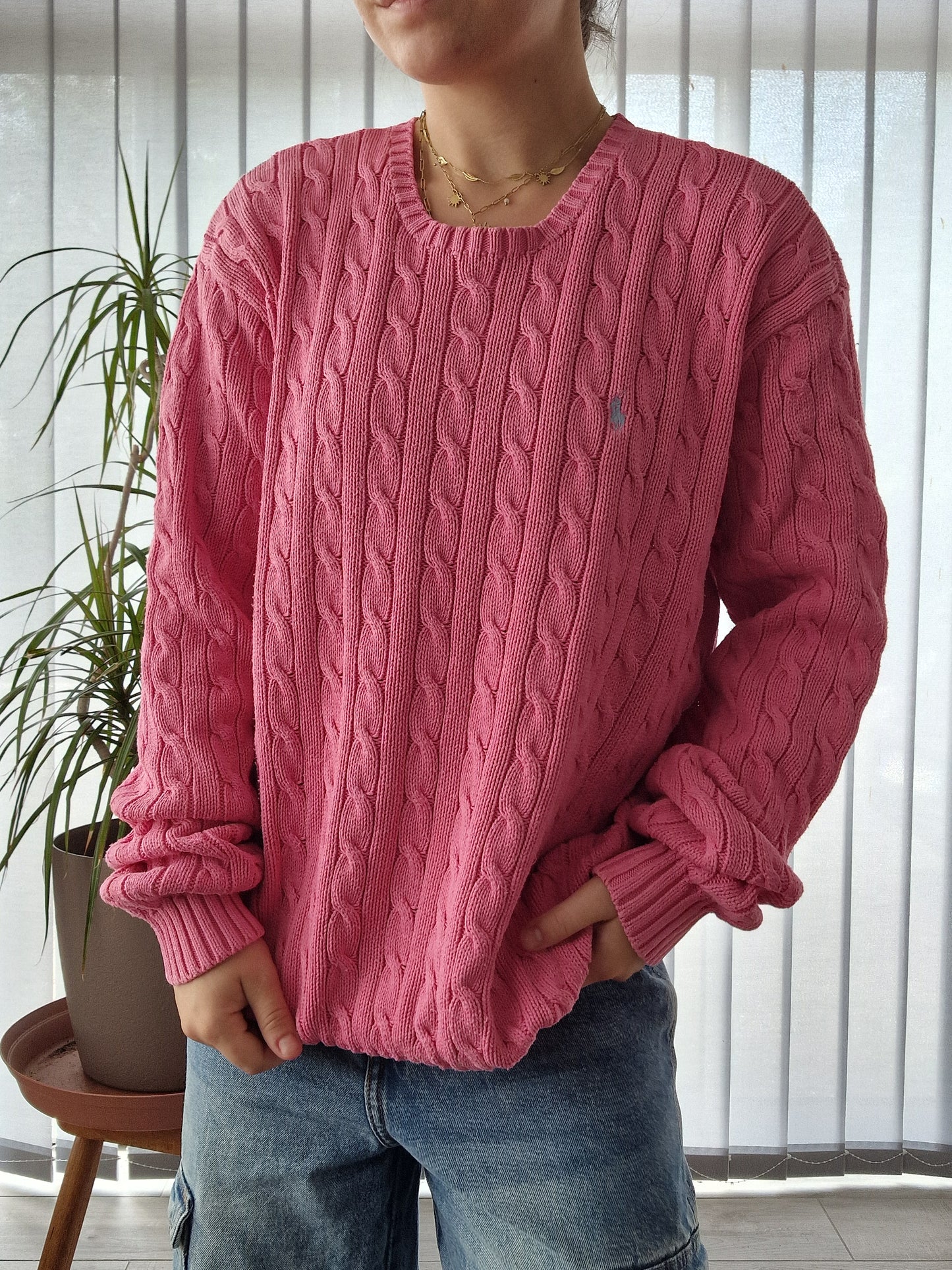 Pull en maille torsadée rose - XL/42