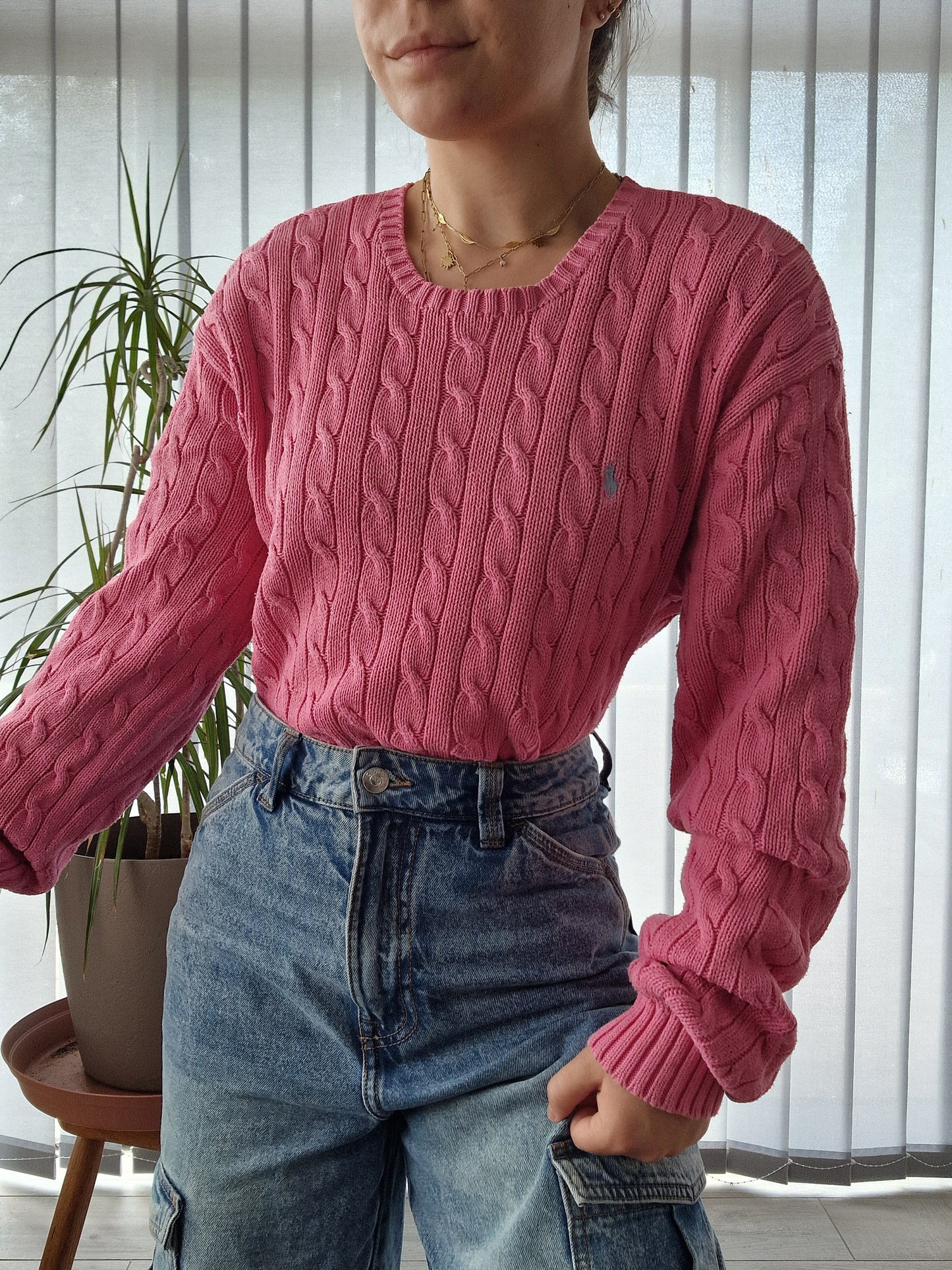 Pull en maille torsadée rose - XL/42