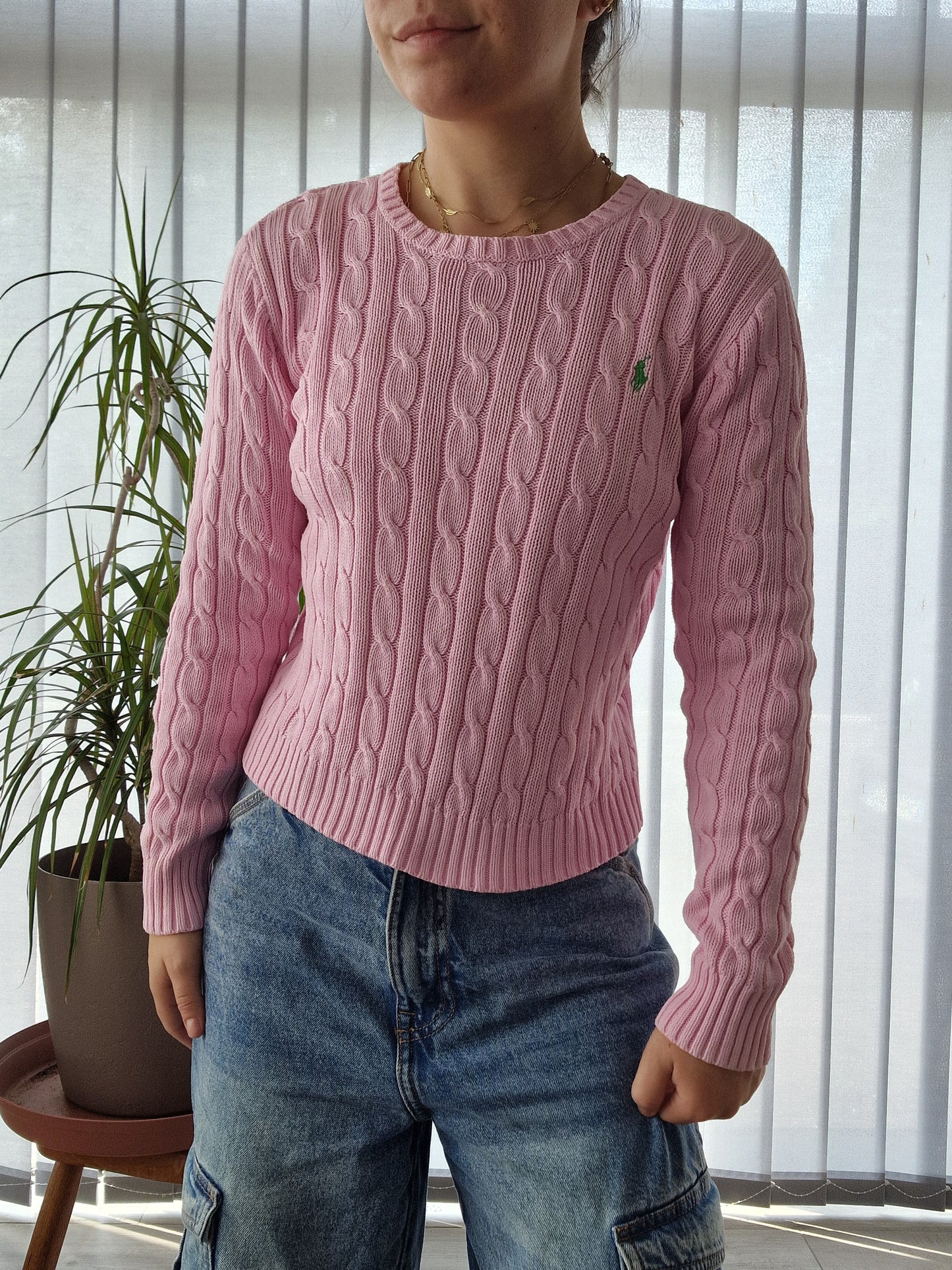 Pull en maille torsadée rose - XS/34