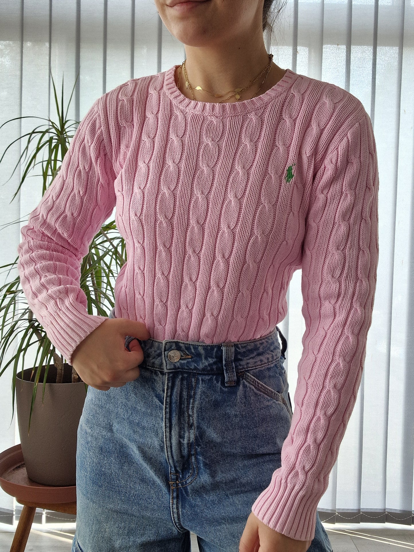 Pull en maille torsadée rose - XS/34