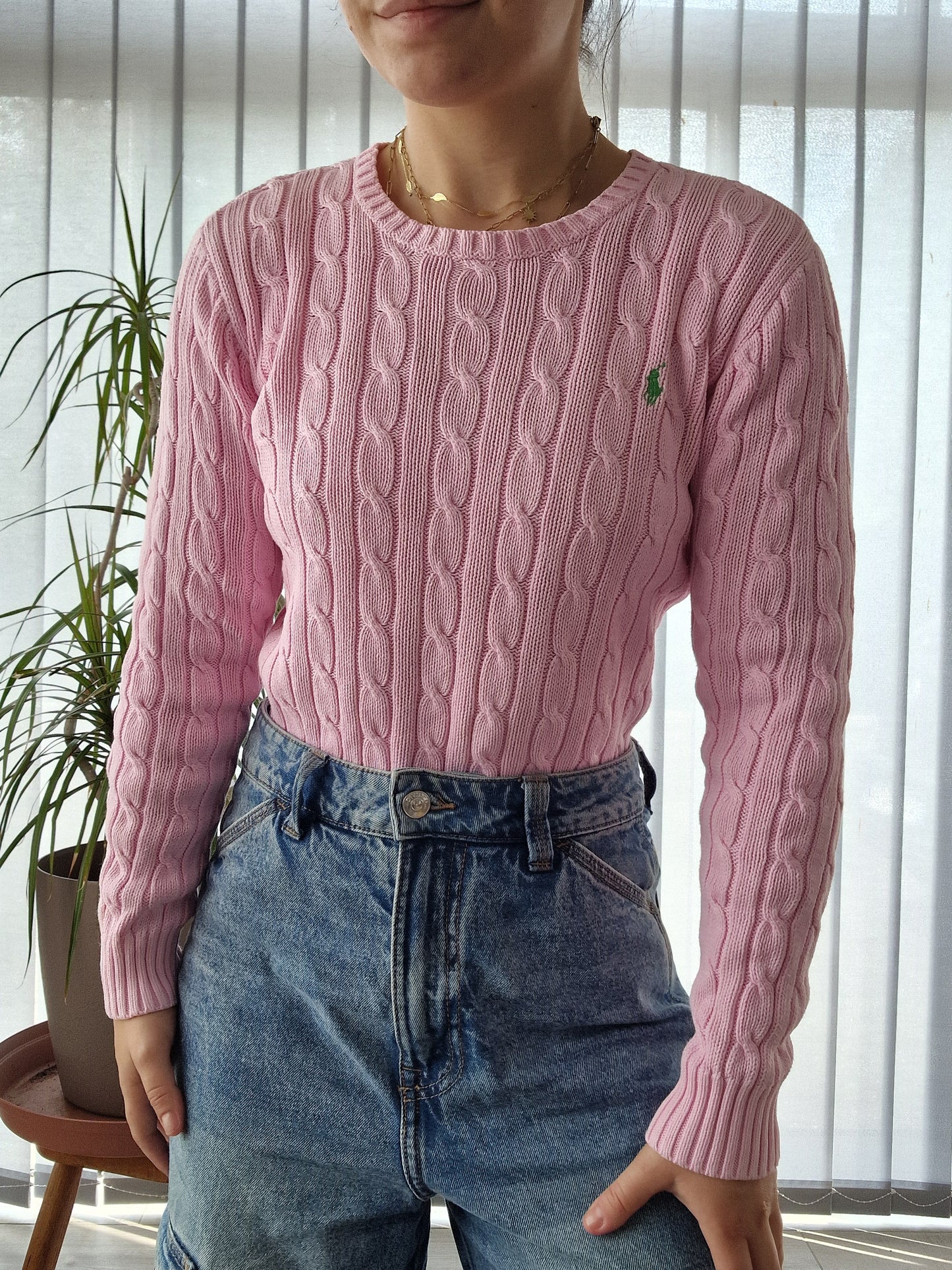 Pull en maille torsadée rose - XS/34