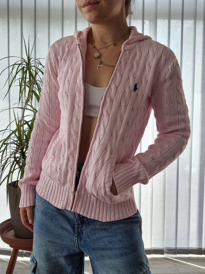 Veste à capuche en maille torsadée rose - S/36