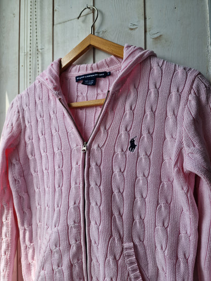 Veste à capuche en maille torsadée rose - S/36